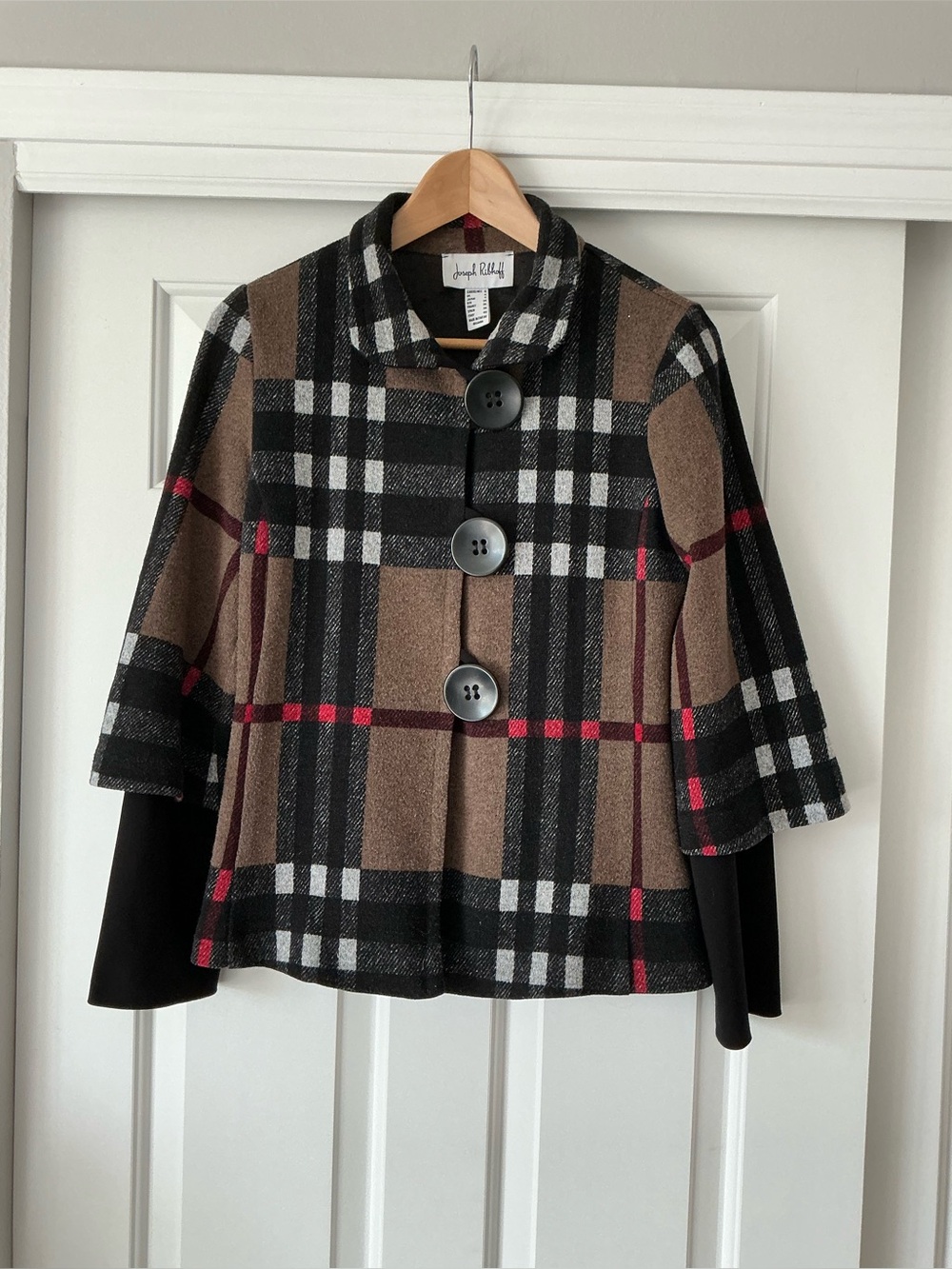 Joseph Ribkoff Brown Black Plaid Kids Cape Jacket with Red Accents